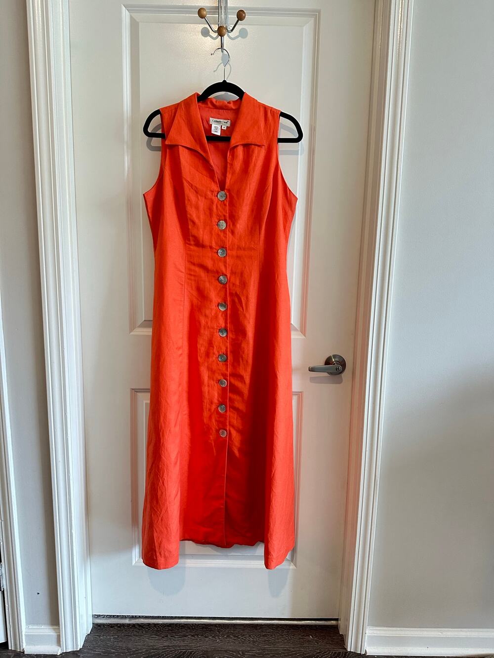 Coldwater Creek Sleeveless Orange Linen Button Front Maxi Shirt Dress Sz. 14